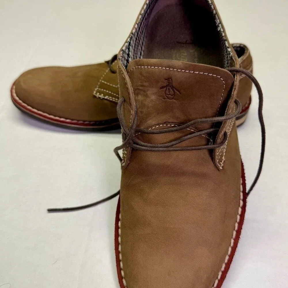 Original Penguin Men Casual Derby Oxford Shoes Tan Suede Nubuck Plaid Lining